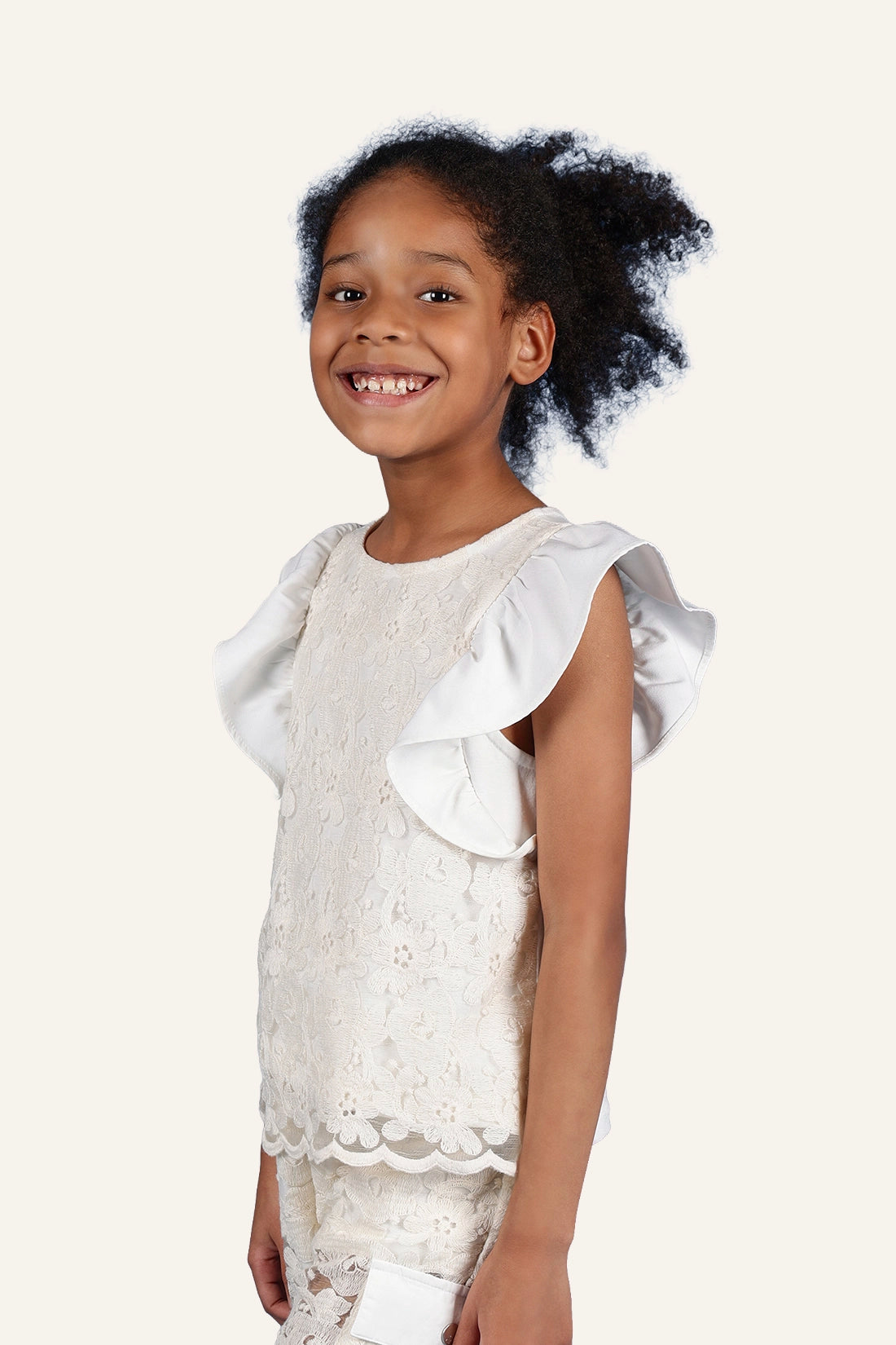 Girls Off White Round Neck Cotton Top