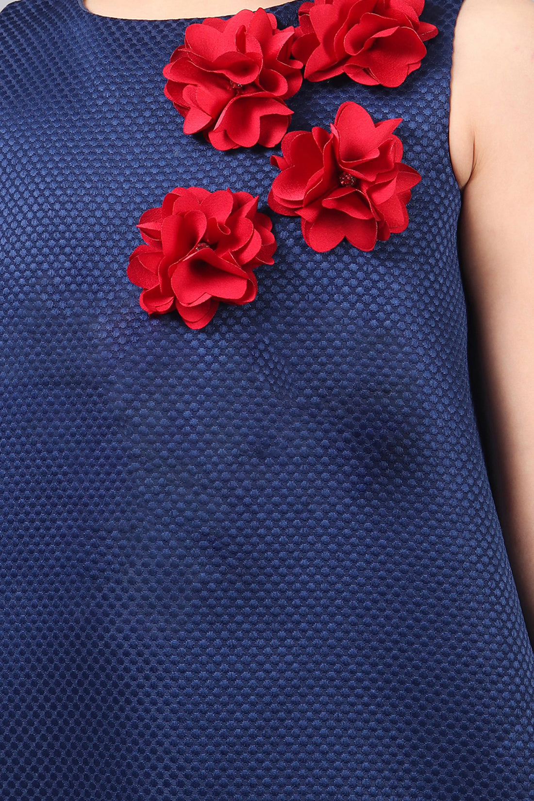 Girls Navy Blue Dress With Flowers Applique