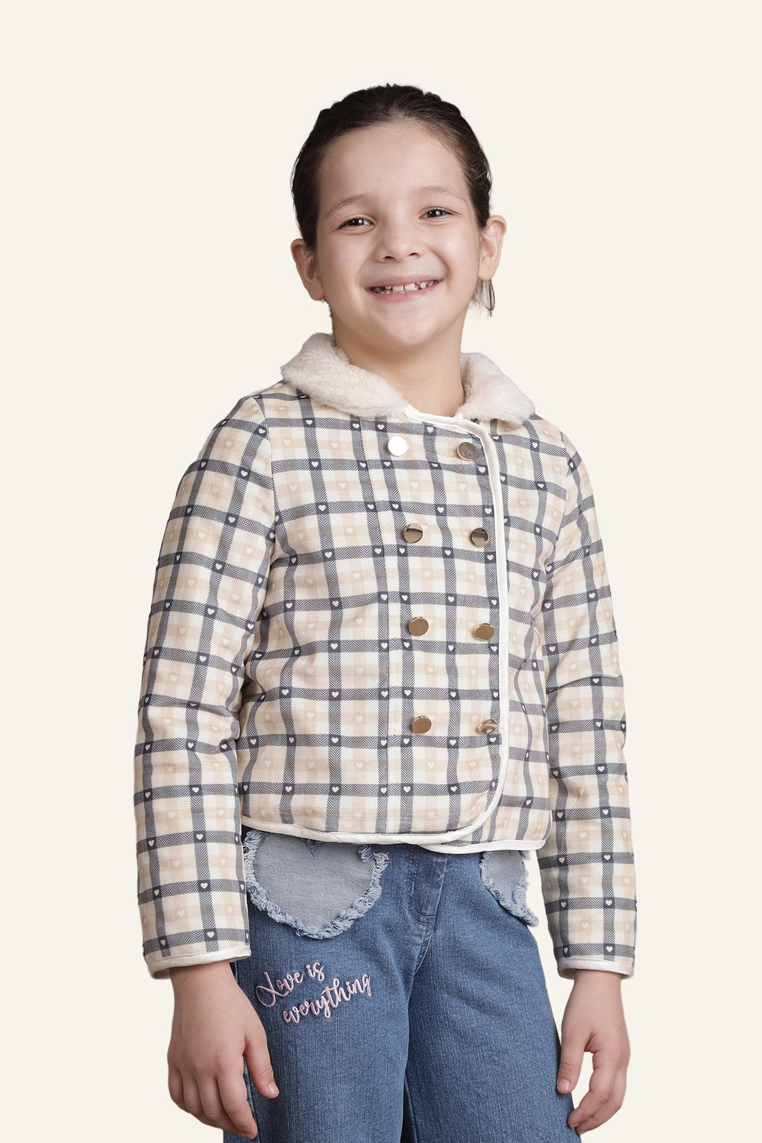 Girls Beige Checks Jacket