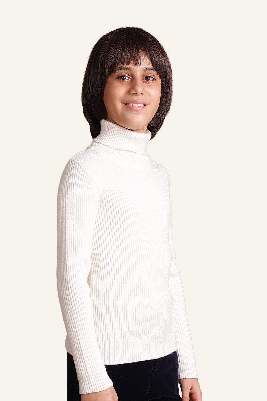 Boys Ivory White Solid Turtleneck Jumper