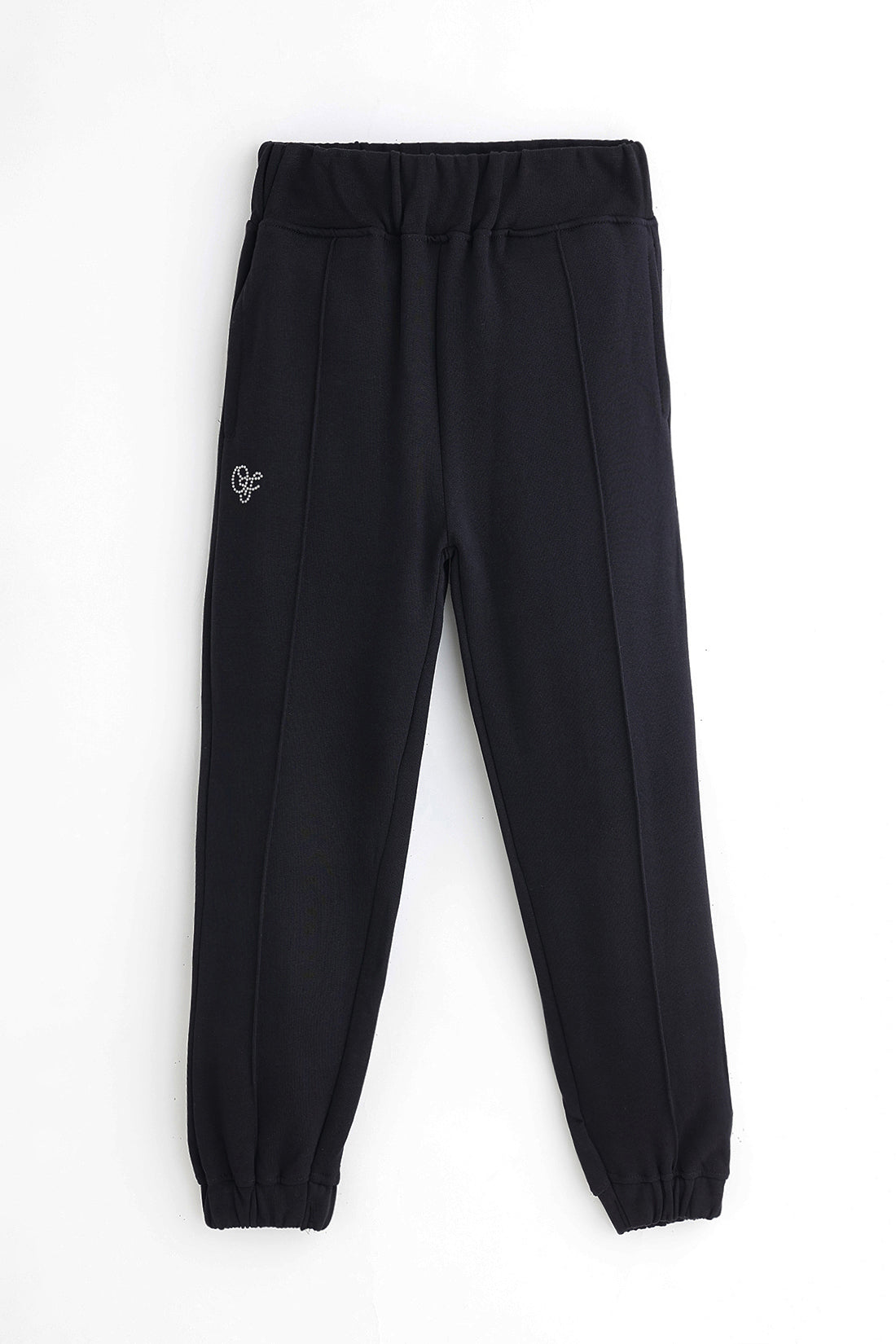 Girls Black Cotton Track Pant with Fleece Finish