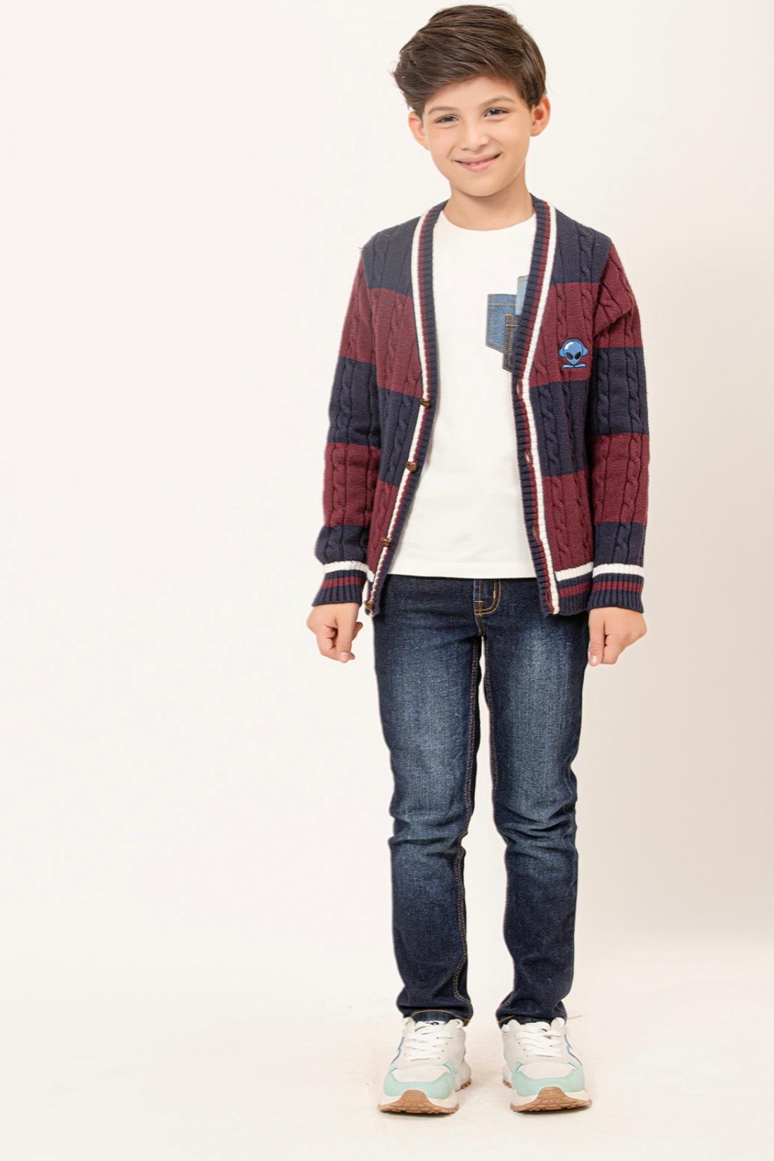 One Friday Kids Boys Blue & Burgundy Stripes Cardigan