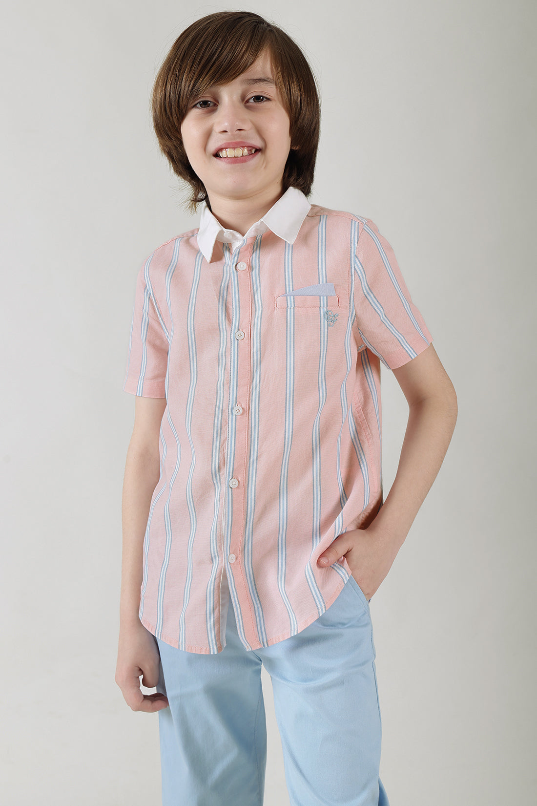 Boys Pink Regular Fit Short Sleeve Striped Shirt by One Friday