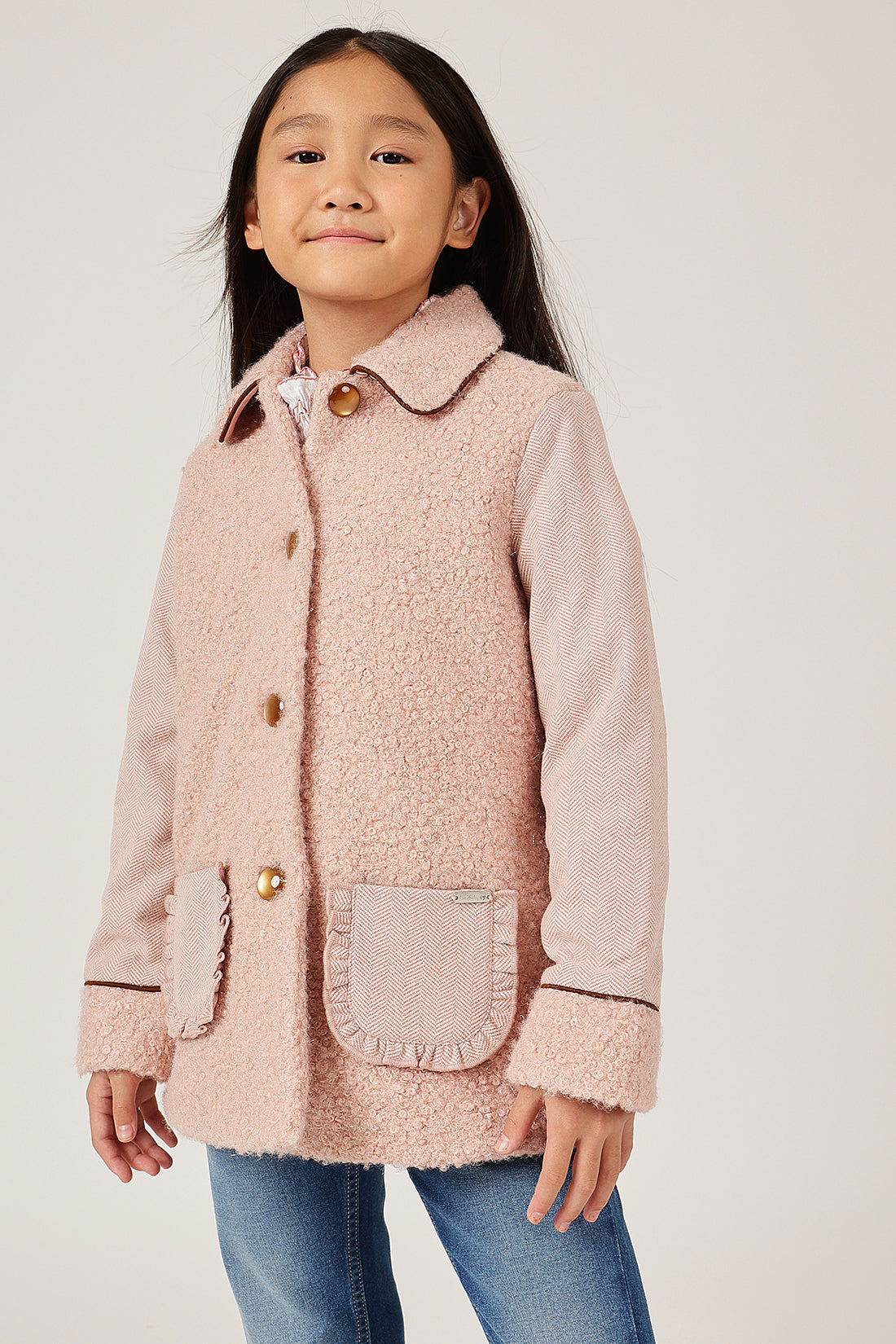 Girls Peach Solid Shirt Collar Overcoat | One Friday