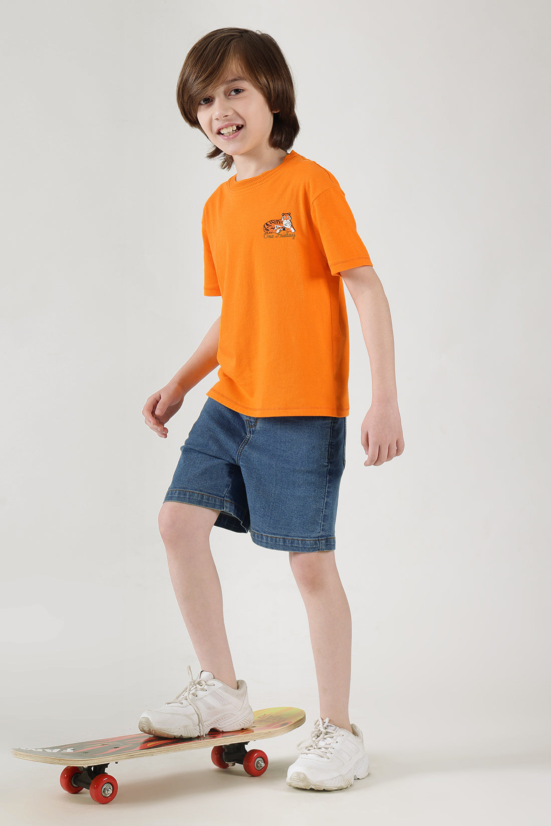 Boys Orange Round Neck Half Sleeve Solid T-Shirts By One Friday