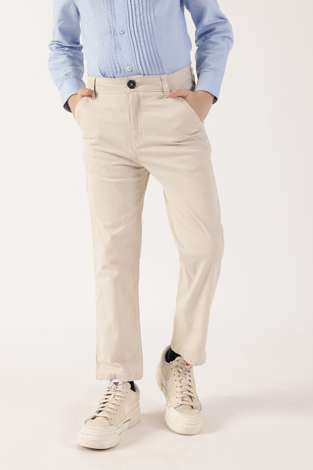 Boys Beige Solid Stretch Woven Trousers