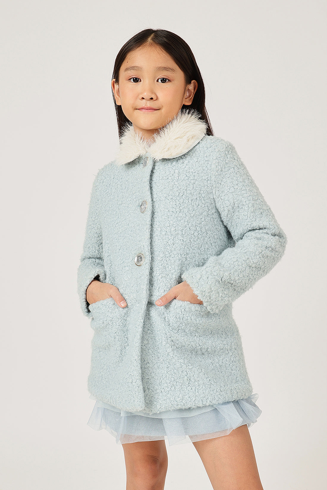 Girls Aqua Fur Buttoned Shirt Collar Overcoat