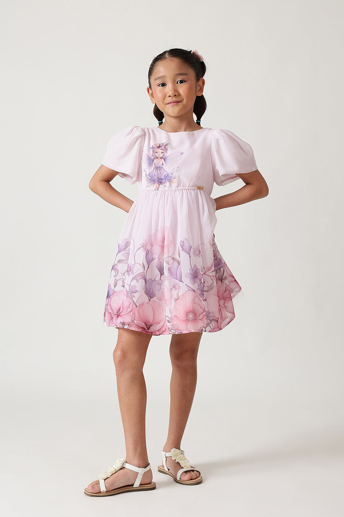 Girls Lilac Fitted & Flared Bell Sleeve Fairy Print Dress by One Friday
