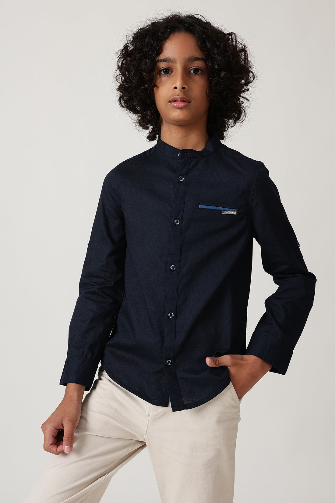 Boys Navy Blue Regular Fit Full Sleeve Solid Shirt by One Friday