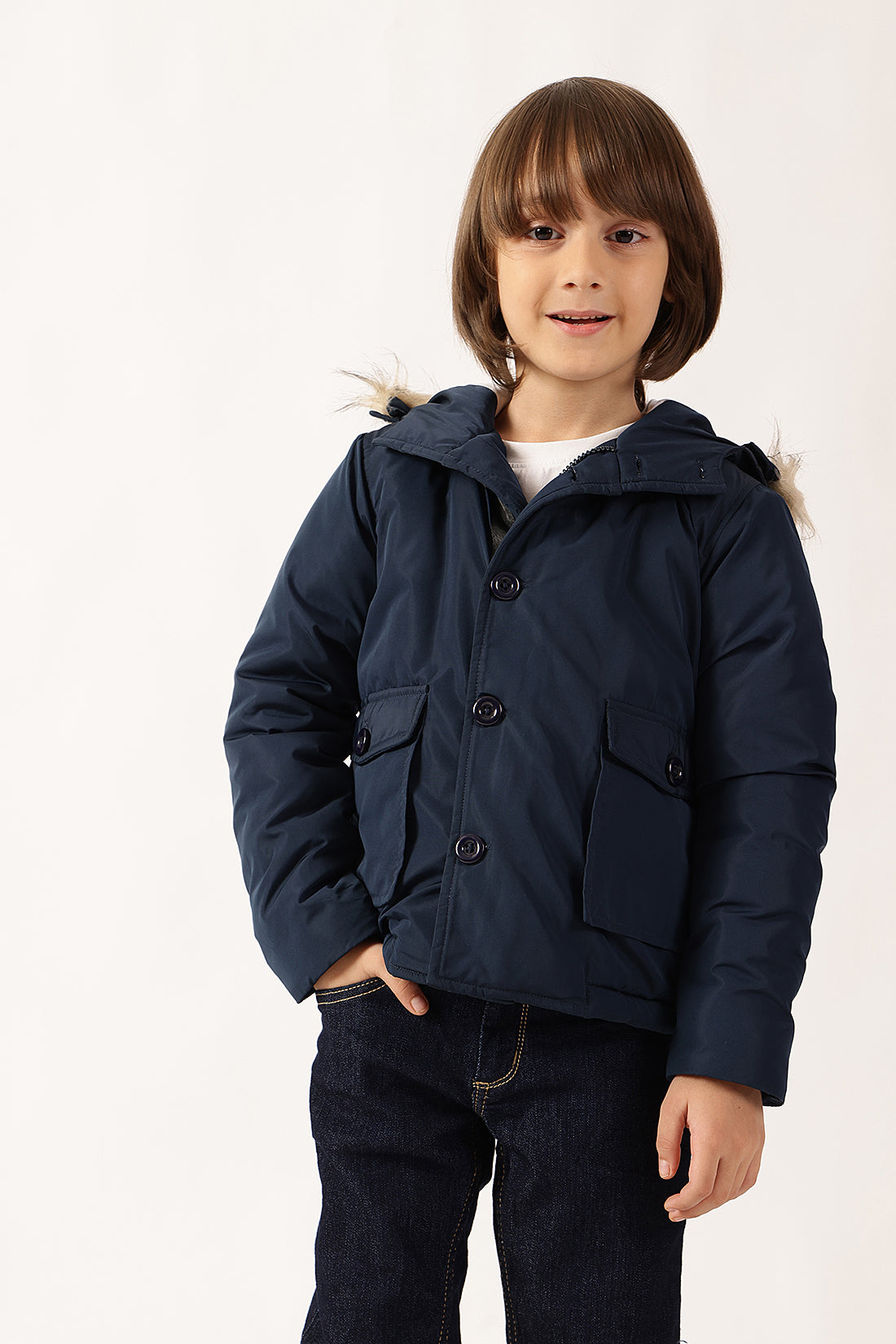 Unisex Navy Blue Solid Hooded Polyester Woven Jacket with Buttons | One Friday