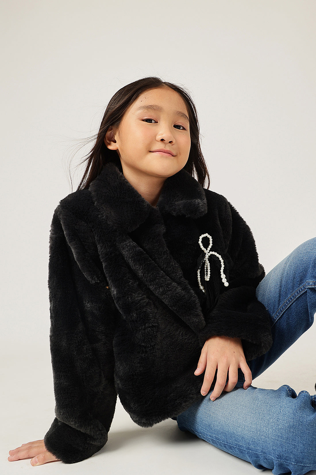Girls Black Fur Buttoned Shirt Collar Overcoat | One Friday