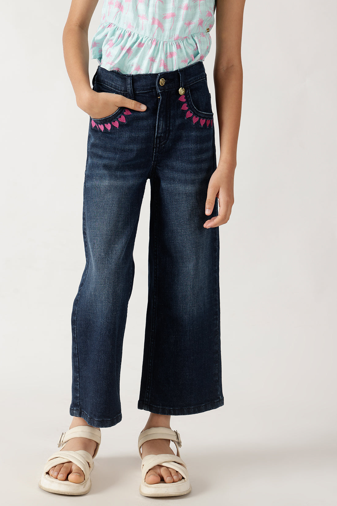 Girls Blue Straight Fit Solid Denim Jeans by One Friday