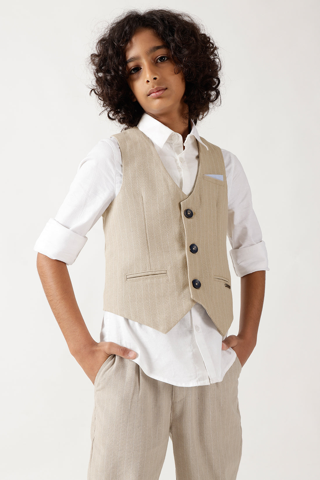 Boys Beige Sleeveless Printed Waistcoat by One Friday