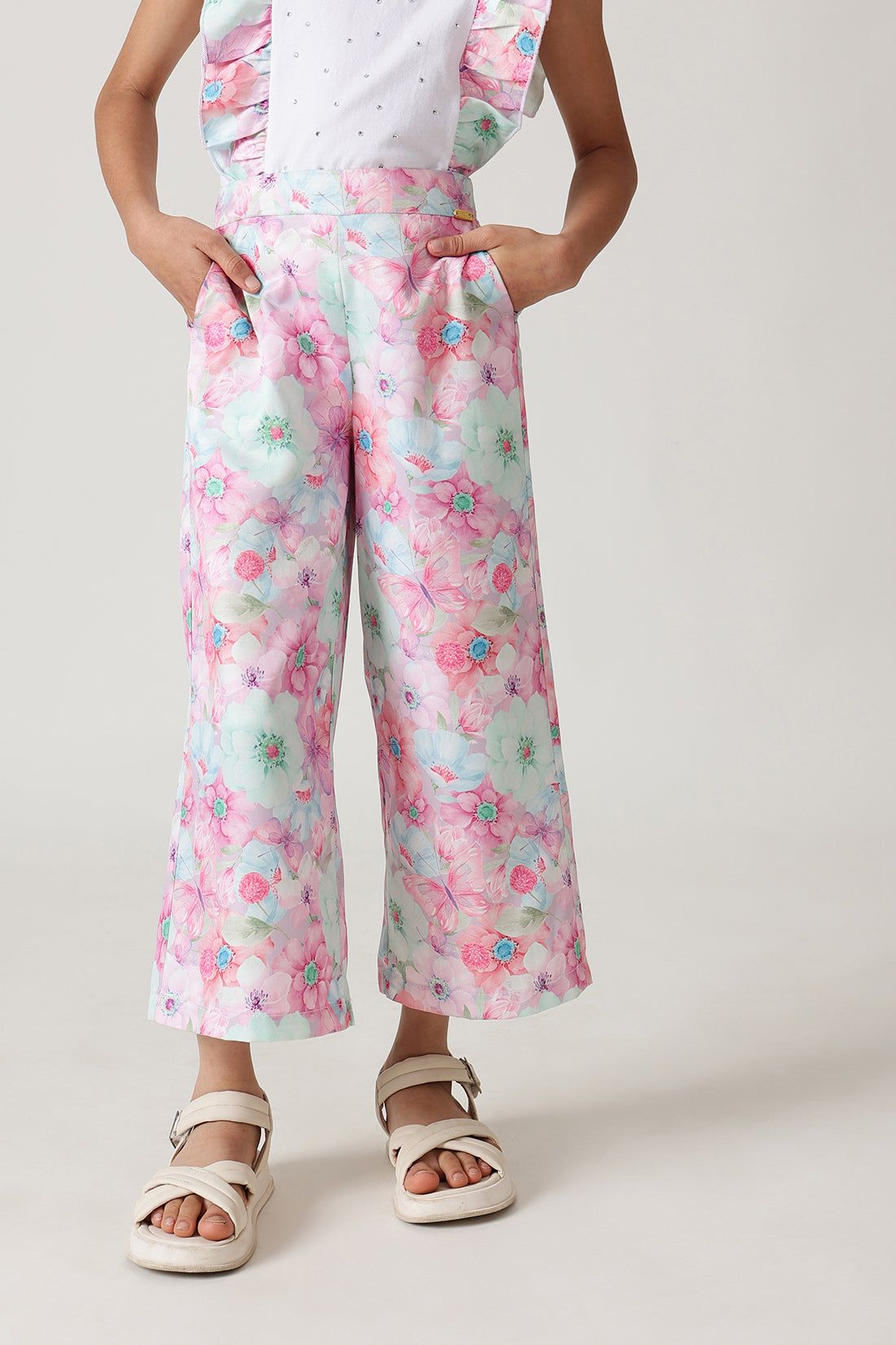 Girls Multi Color Flared Floral Printed Trouser by One Friday