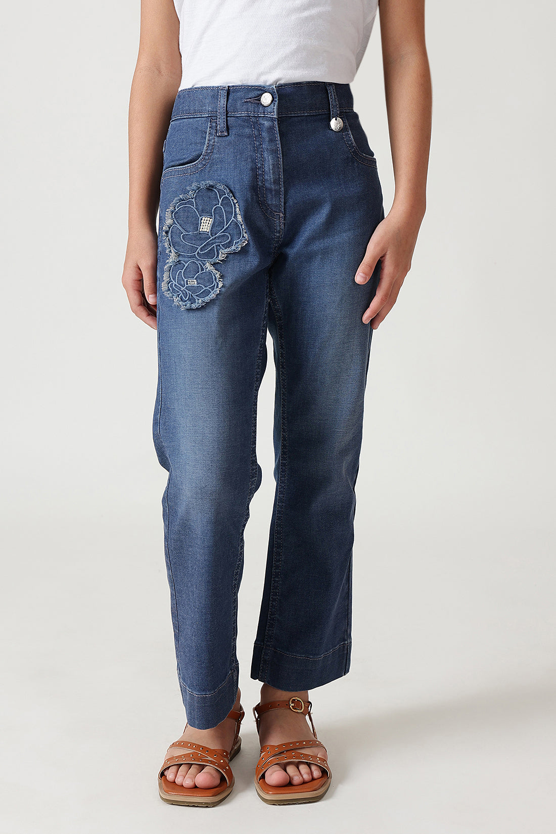 Girls Blue Regular Fit Solid Denim Jeans by One Friday