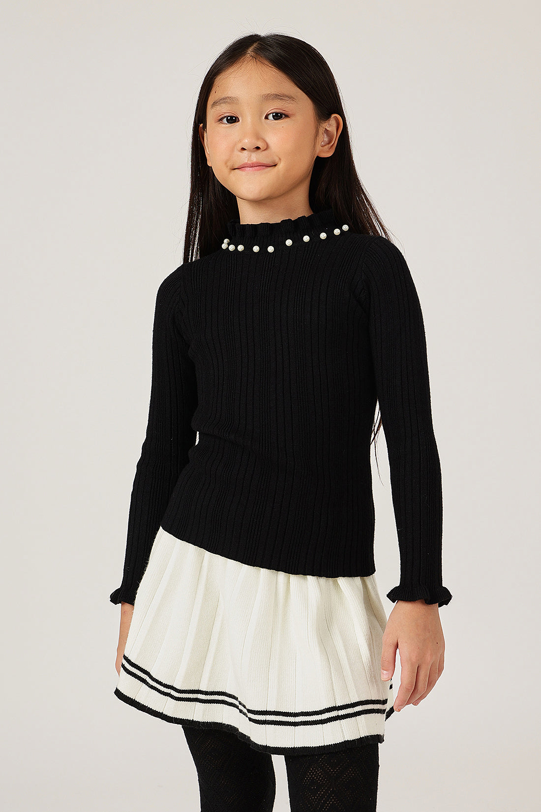 Girls Black Solid High Neck Knit Jumper
