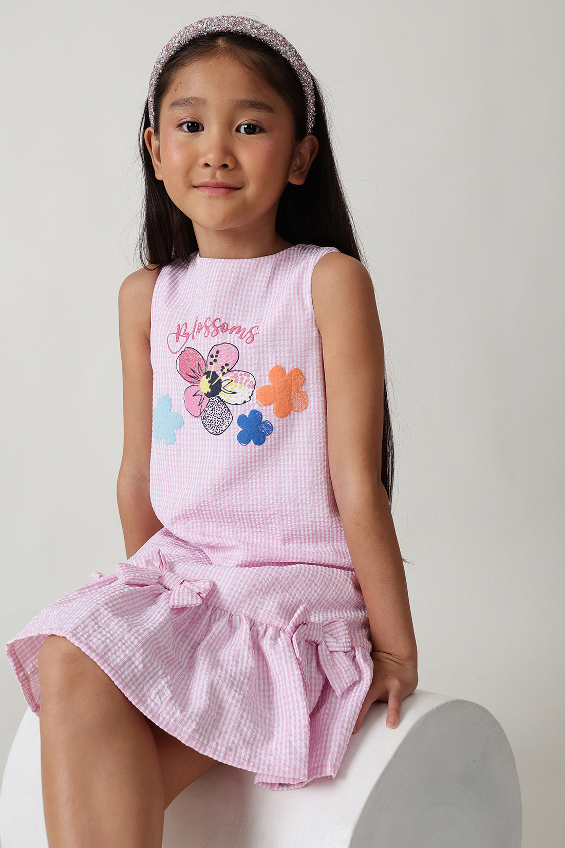 Girls Pink A-Line Sleeveless Textured Dress by One Friday