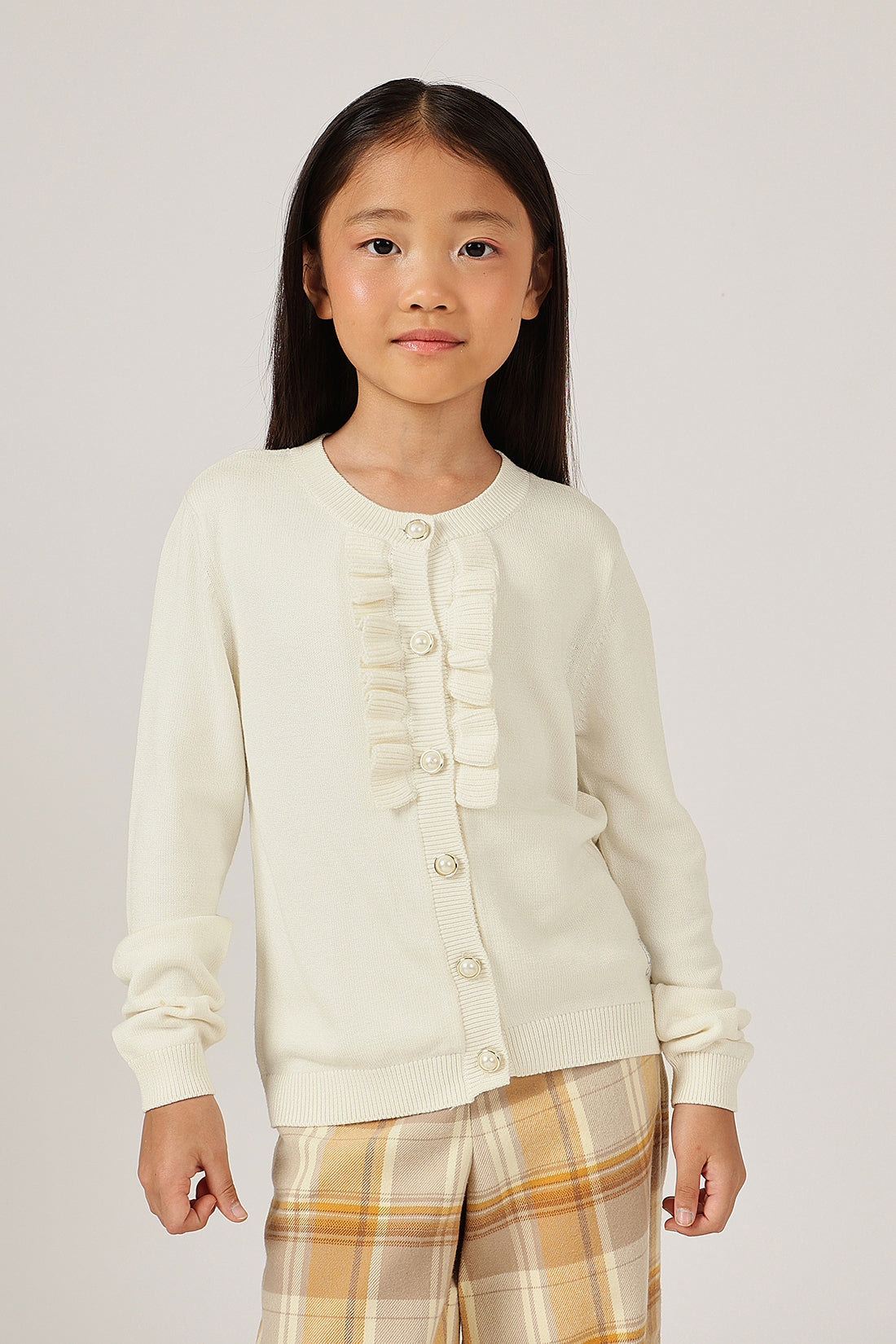 Girls Off White Round Neck Full Sleeve Cardigan
