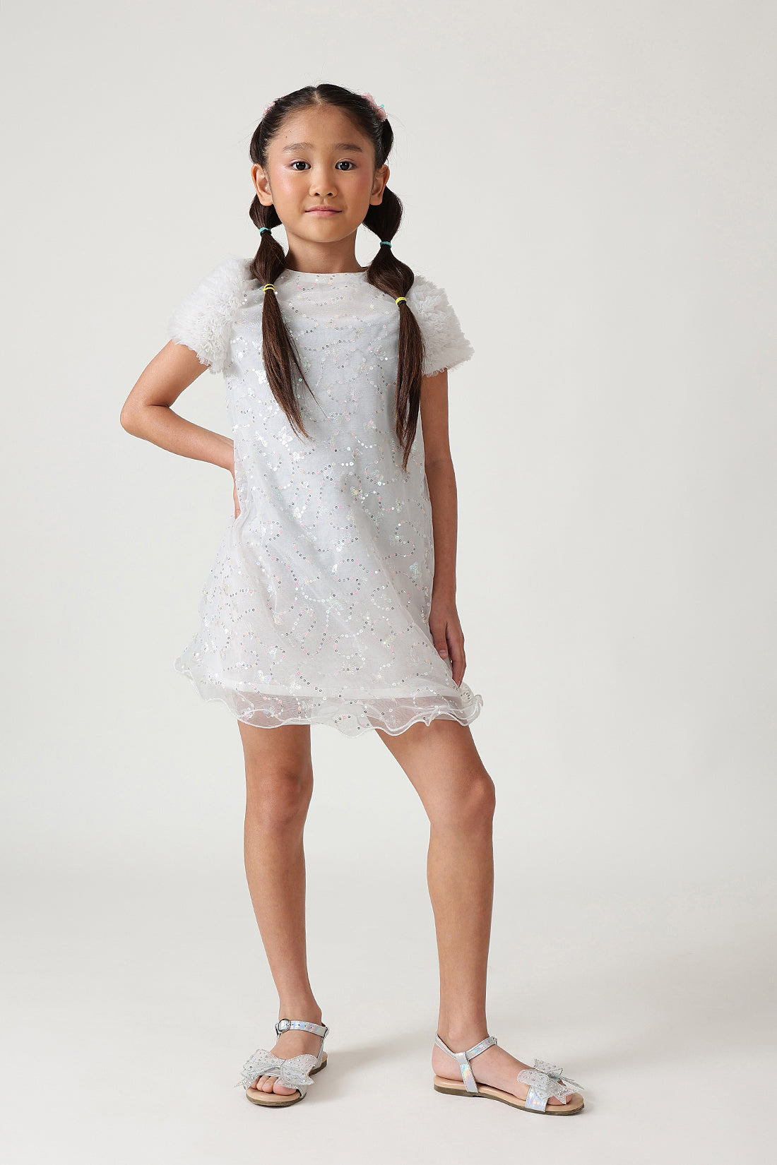 Girls White A-Line Cap Sleeve Solid Dress By One Friday