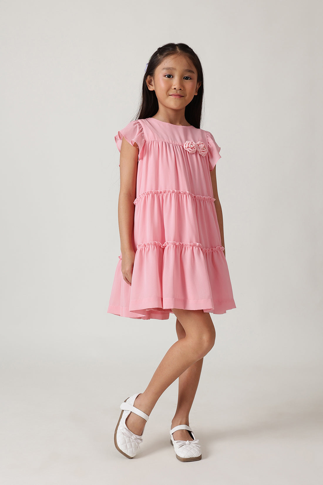 Girls Pink Fitted & Flared Frill Sleeve Solid Dress by One Friday