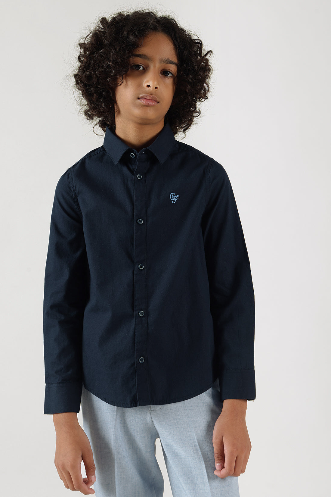 Boys Navy Blue Regular Fit Full Sleeve Solid Shirt by One Friday