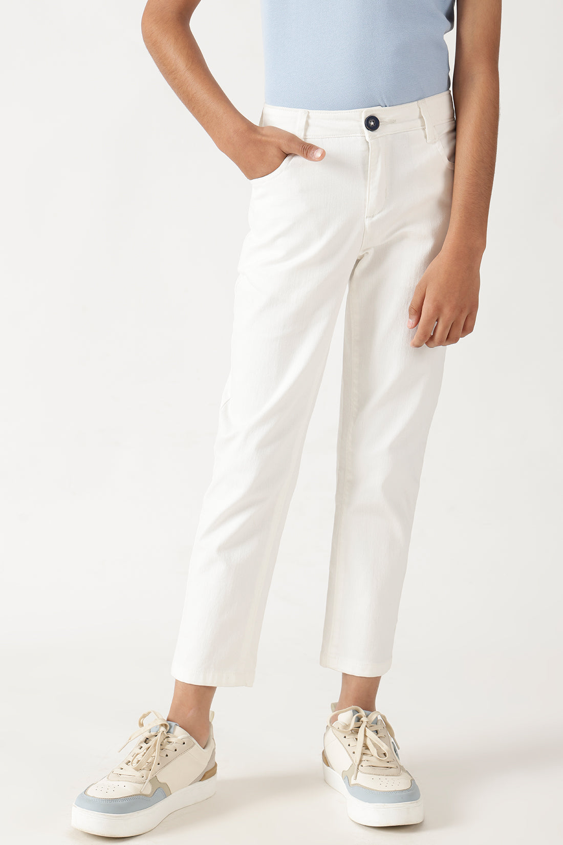 Boys Off White Regular Fit Solid Trousers by One Friday