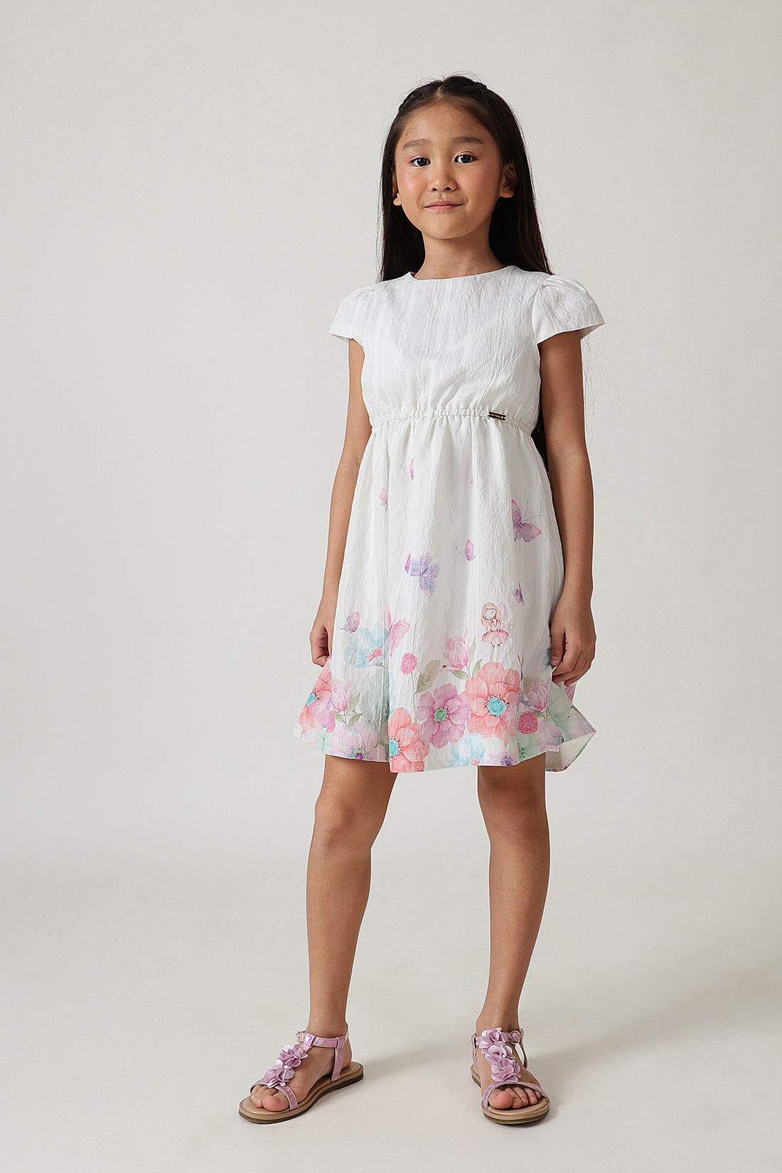 Girls Off White Flared Cap Butterfly Print Dress