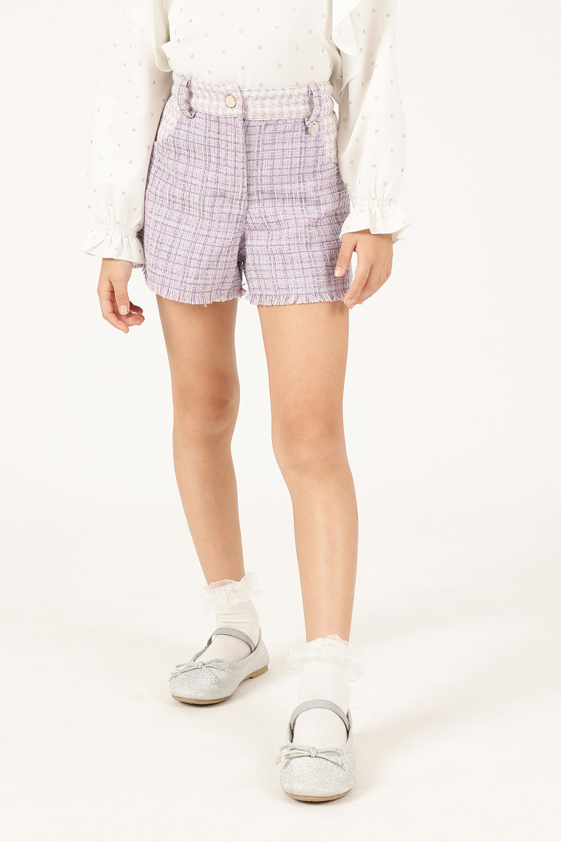 Girls Lilac Boucle Woven Shorts with Metallic Finish