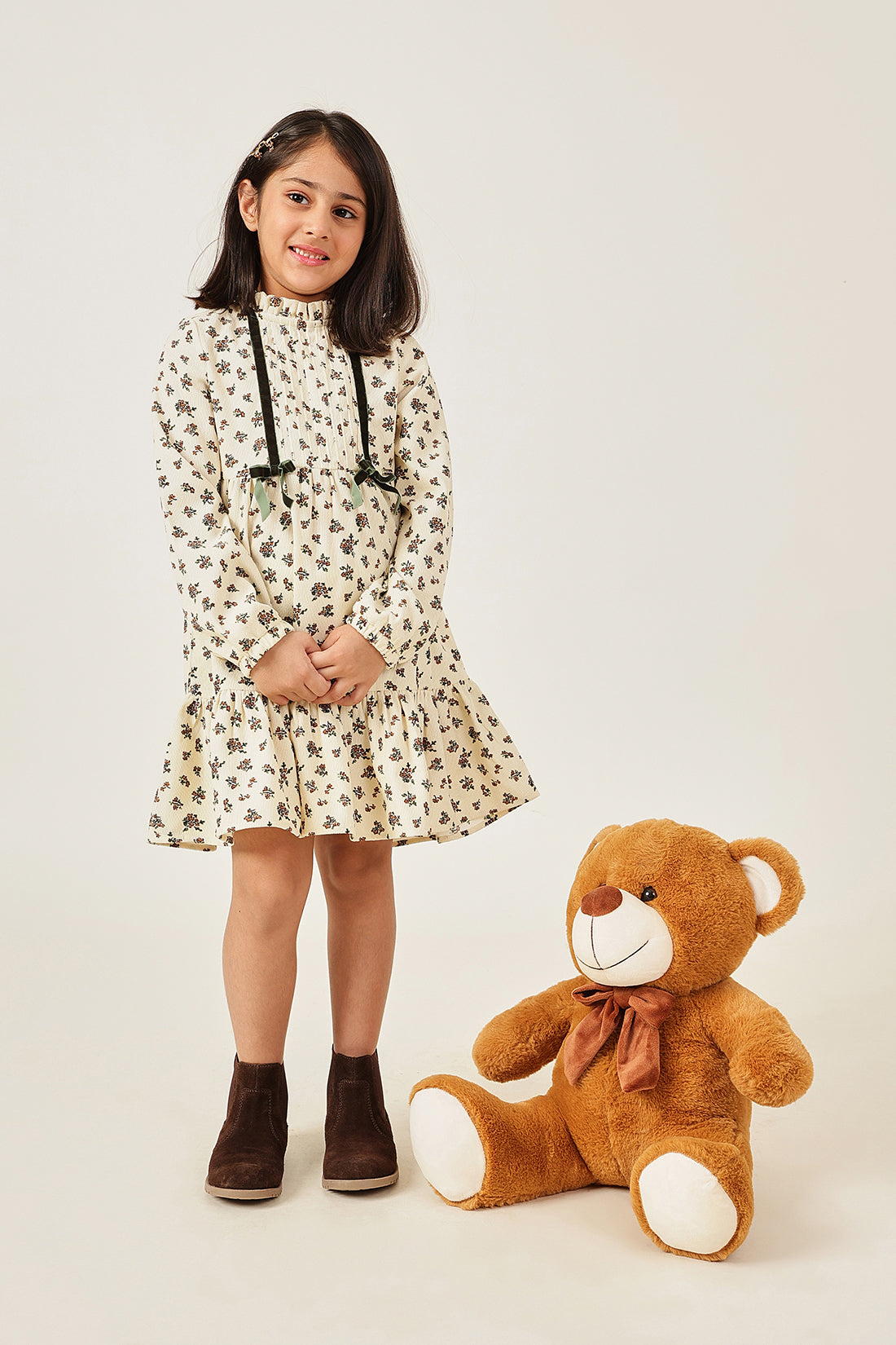 Girls Floral Print High Neck Full Sleeve Dress Multicolour | One Friday