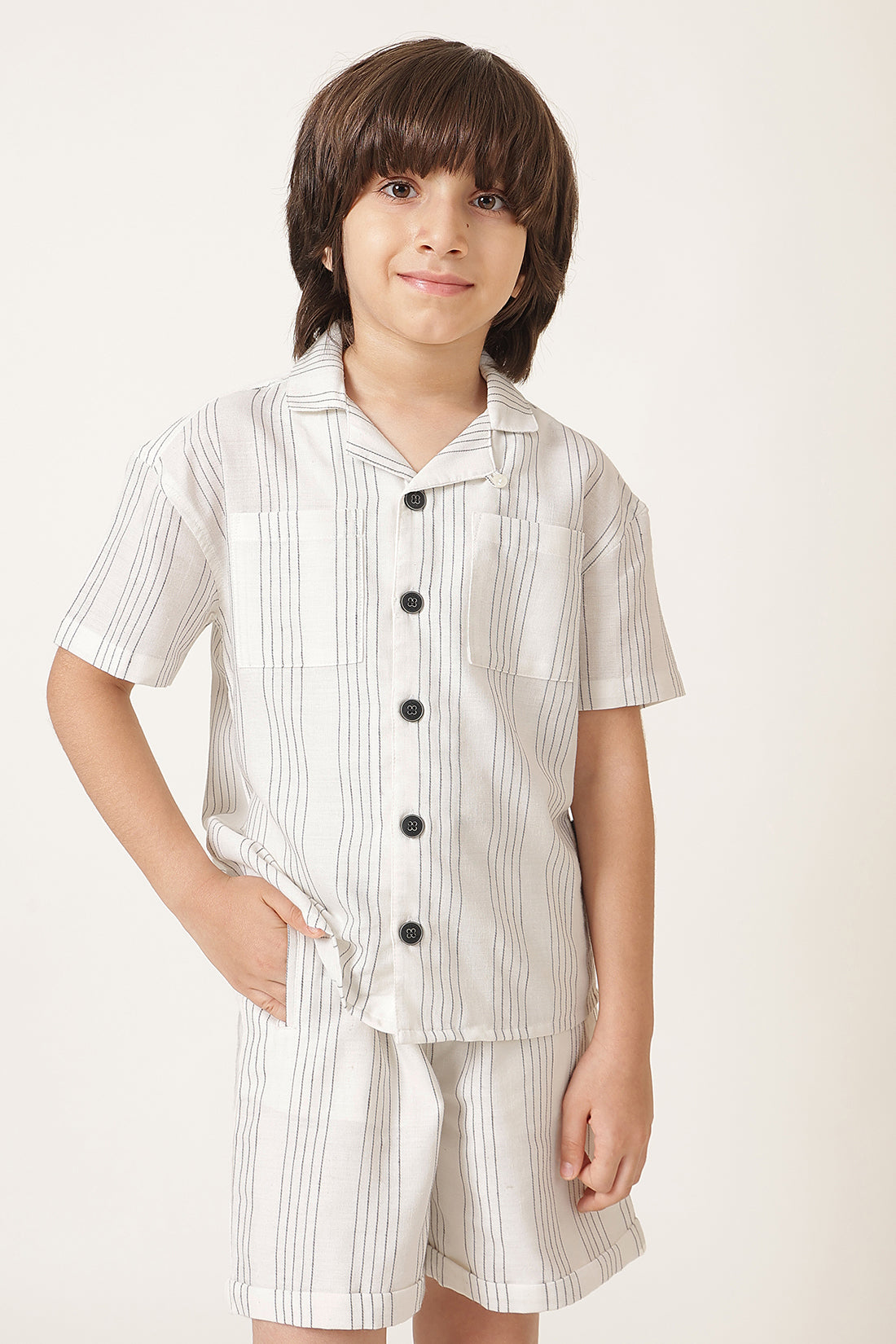 Boys Beige Striped Cotton Clothing Set