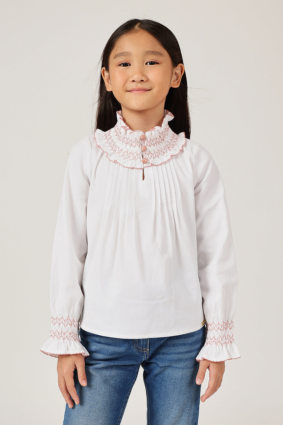 Girls White High Neck Full Sleeve Woven Top
