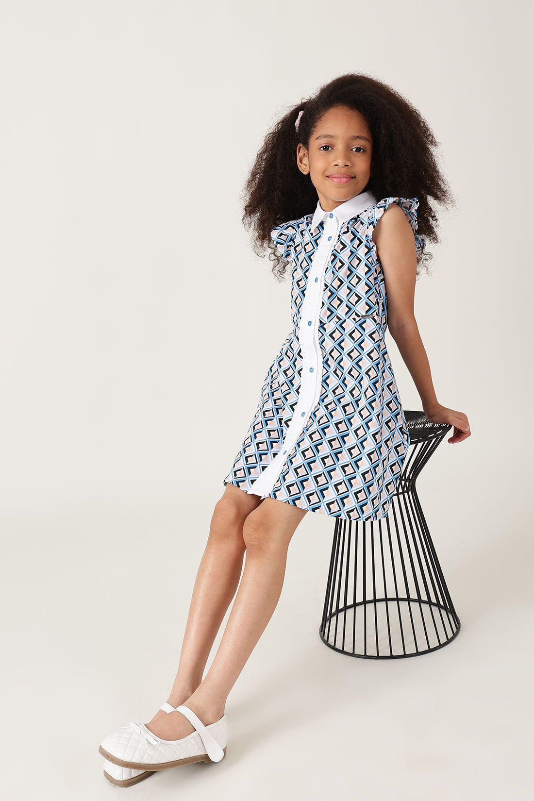 Girls Blue Frill Sleeve Geometrical Print Dress Online | One Friday