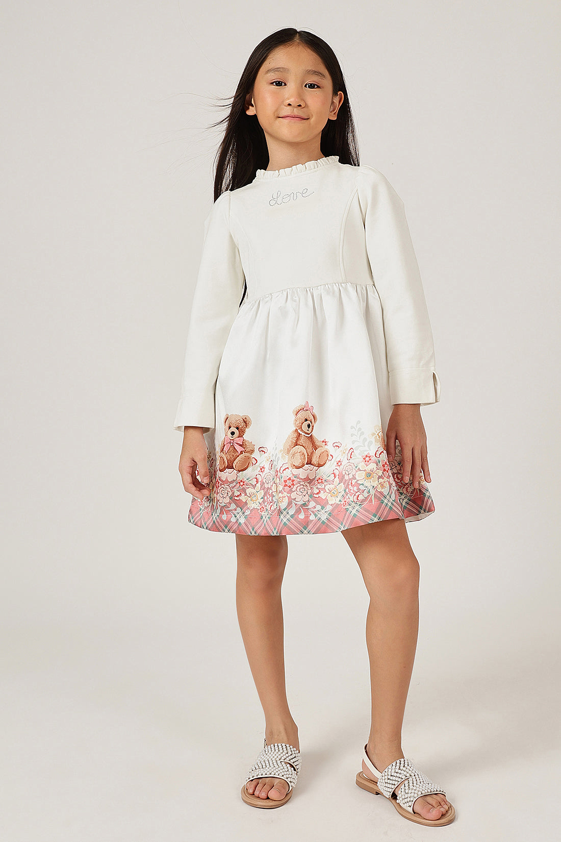 Girls Off White Teddy Round Neck Full Sleeve Dress | One Friday