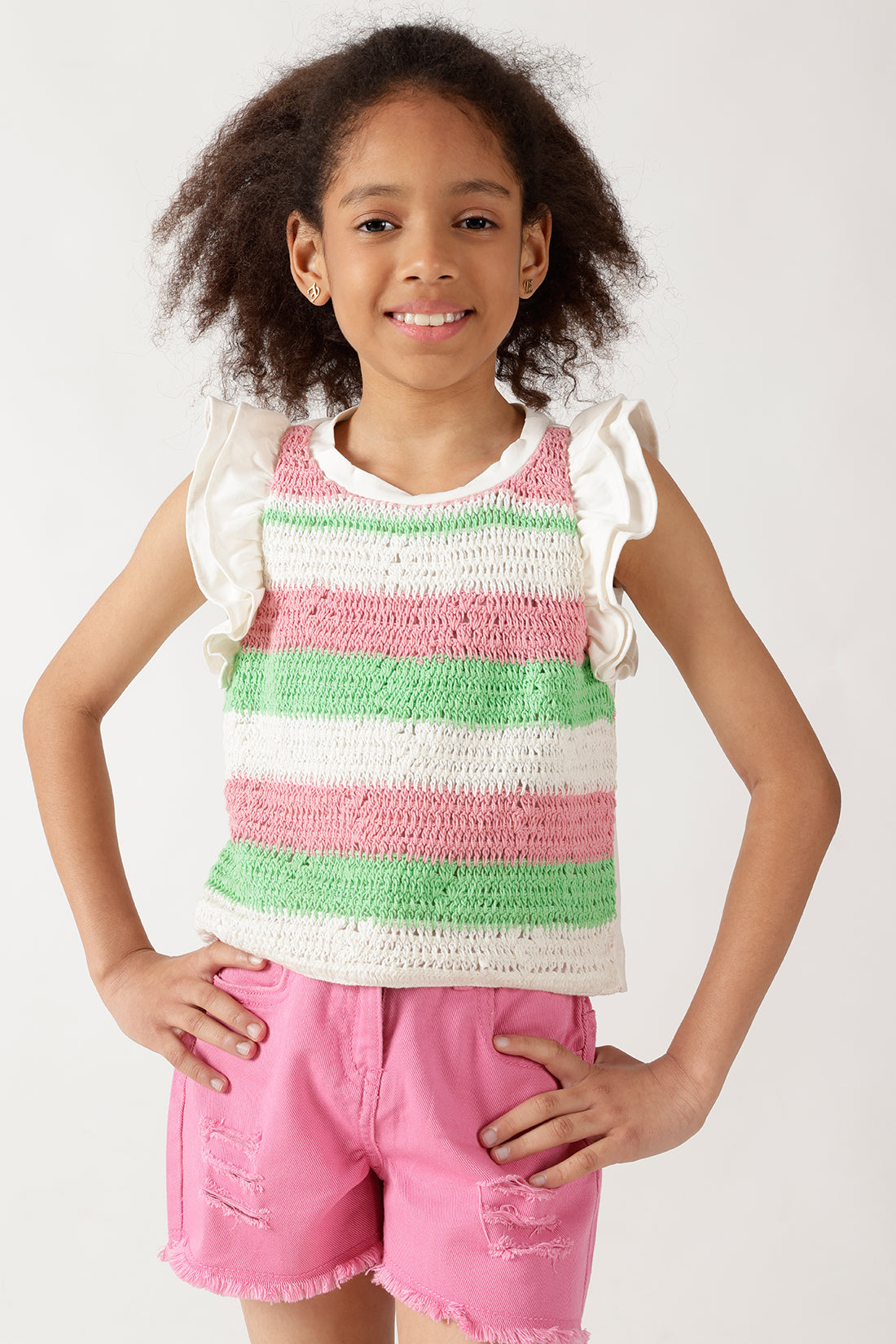 Girls Multicolor Solid Top with Frill Sleeves By Regular Fit - One Friday