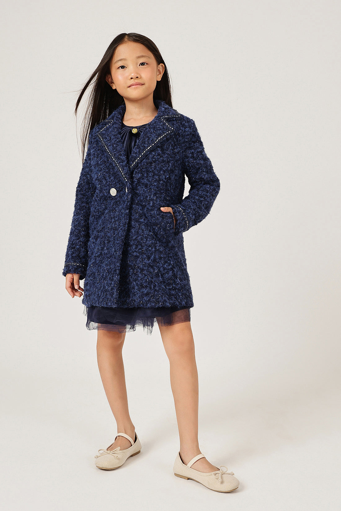 Girls Navy Blue Solid Shirt Collar Overcoat