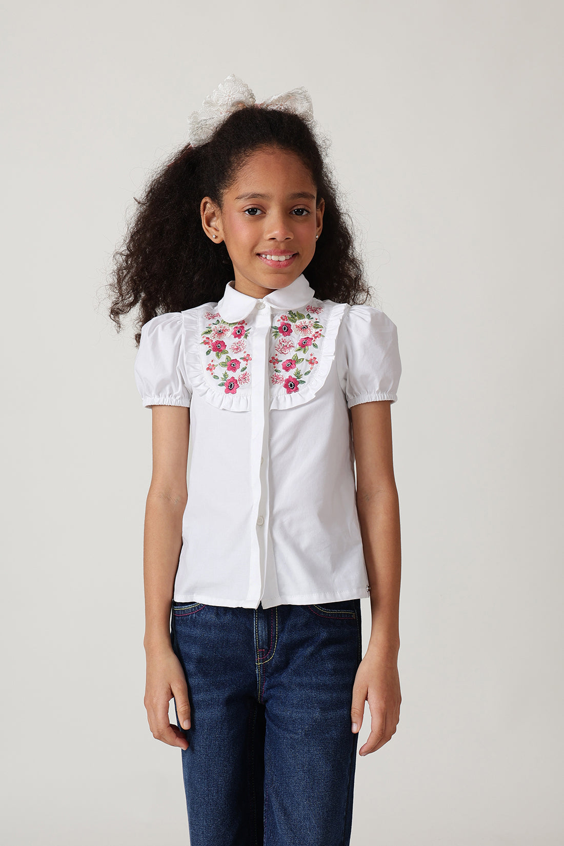 Girls White Regular Fit Half Sleeve Solid Top by One Friday