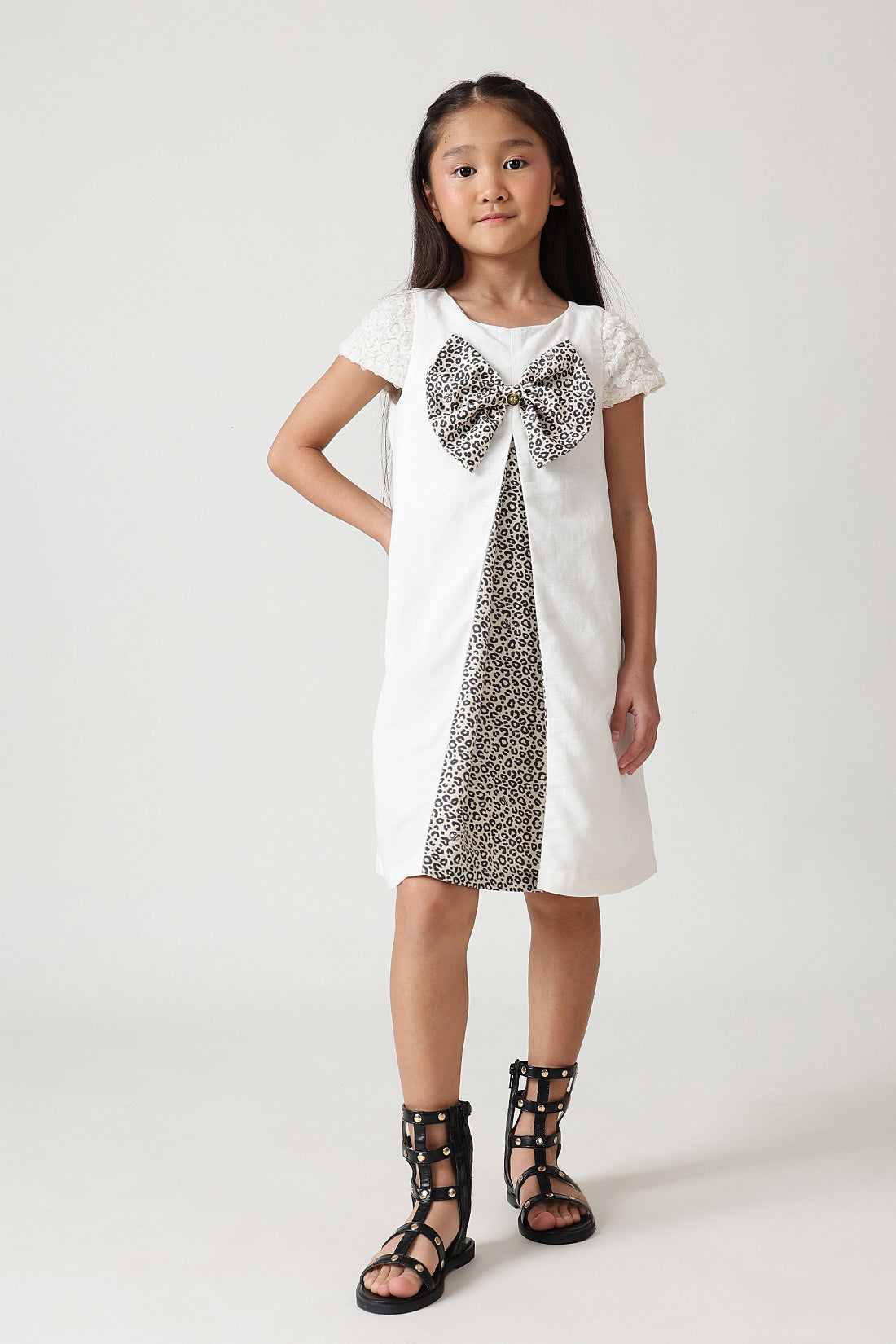 Girls Off-White A-Line Cap Sleeve Solid Dress by One Friday