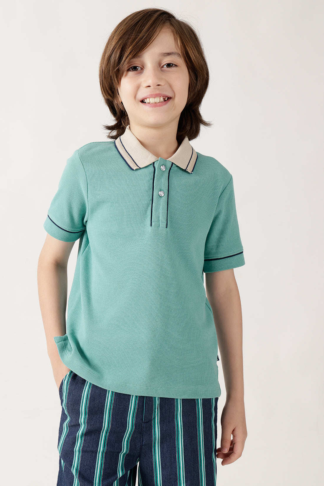 Boys Green Regular Fitted Half Sleeve Textured T-Shirts By One Friday