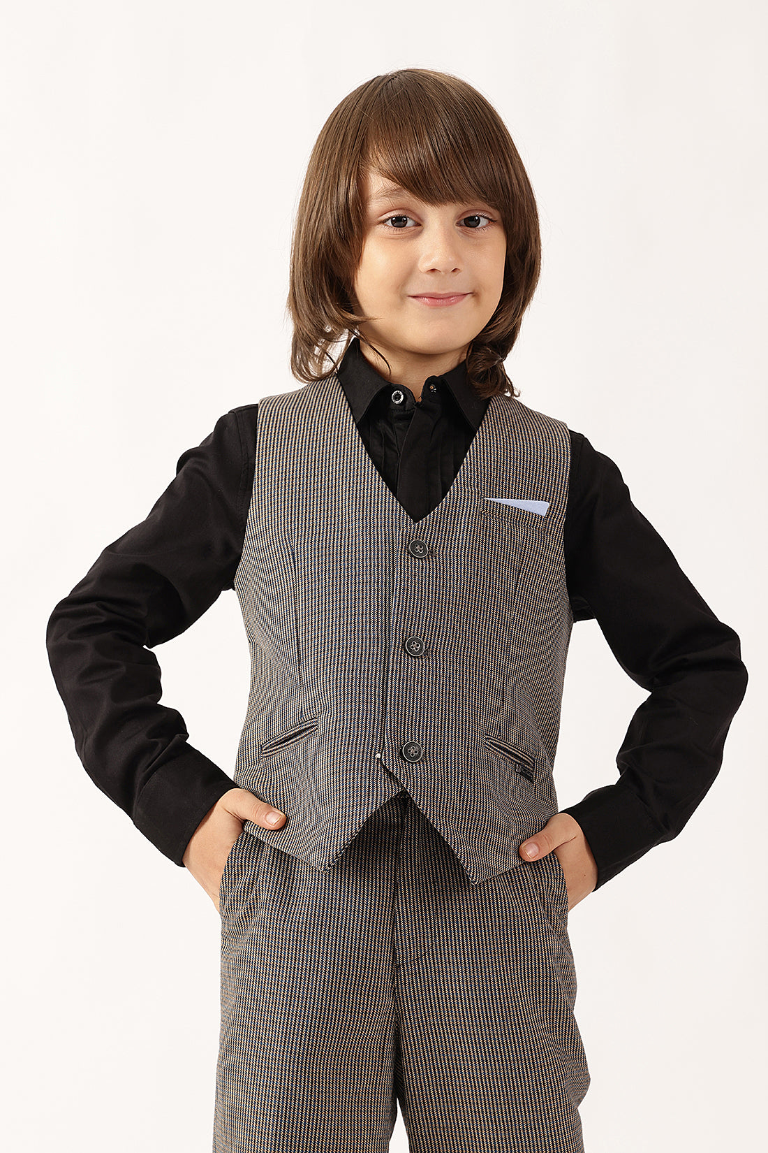 Boys Multi Checked Sleeveless V-Neck Waistcoat