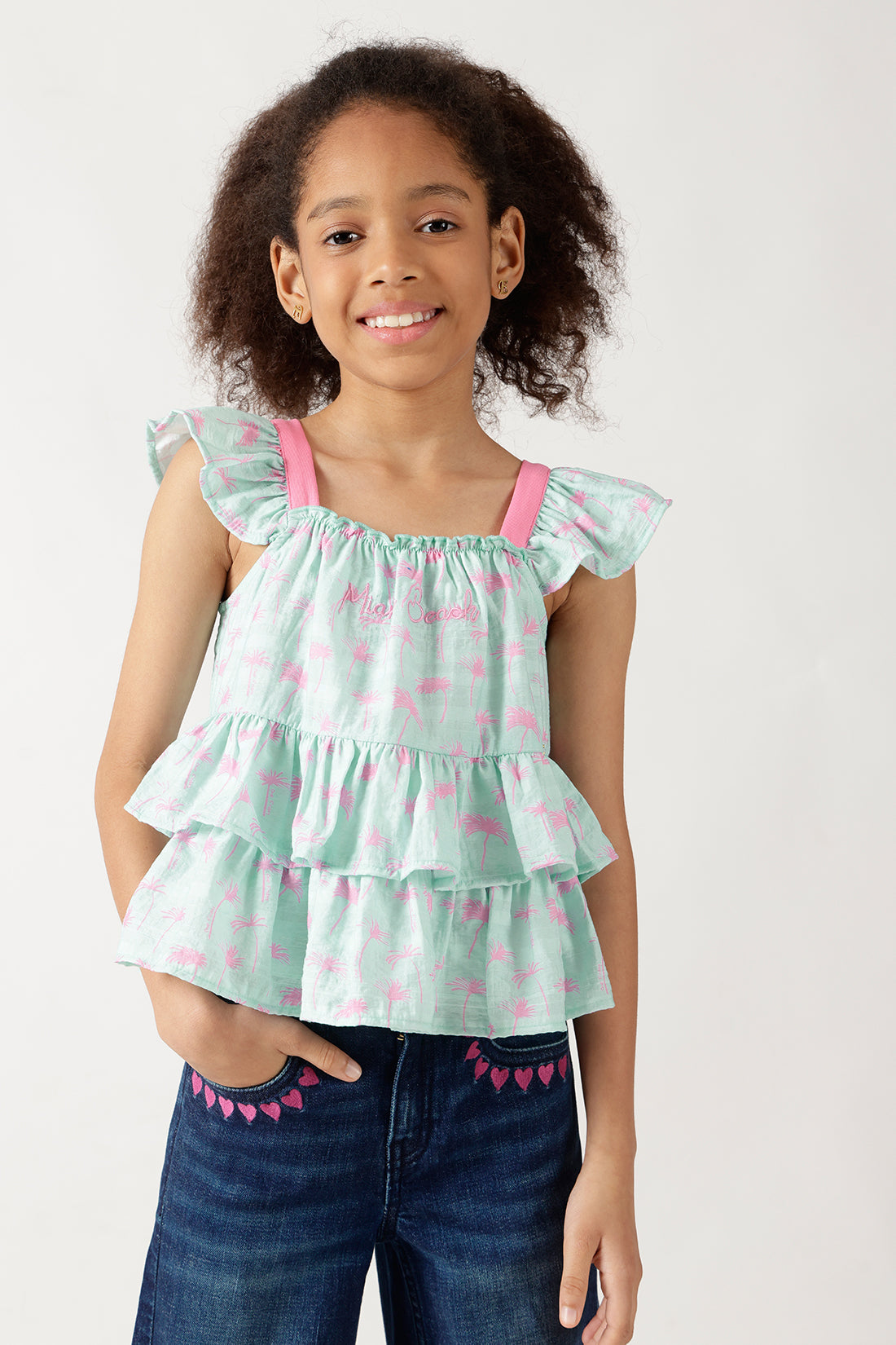 Girls Multicolor Regular Fit Sleeveless All-Over Print Top by One Friday