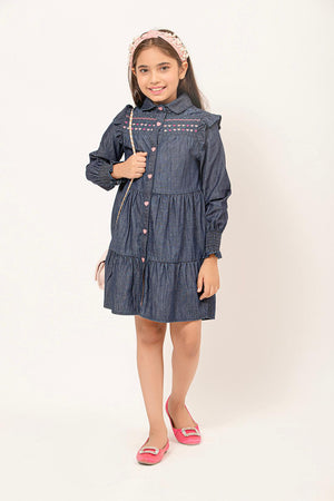 One Friday Kids Girls Puff Sleeves Cotton Denim Dress