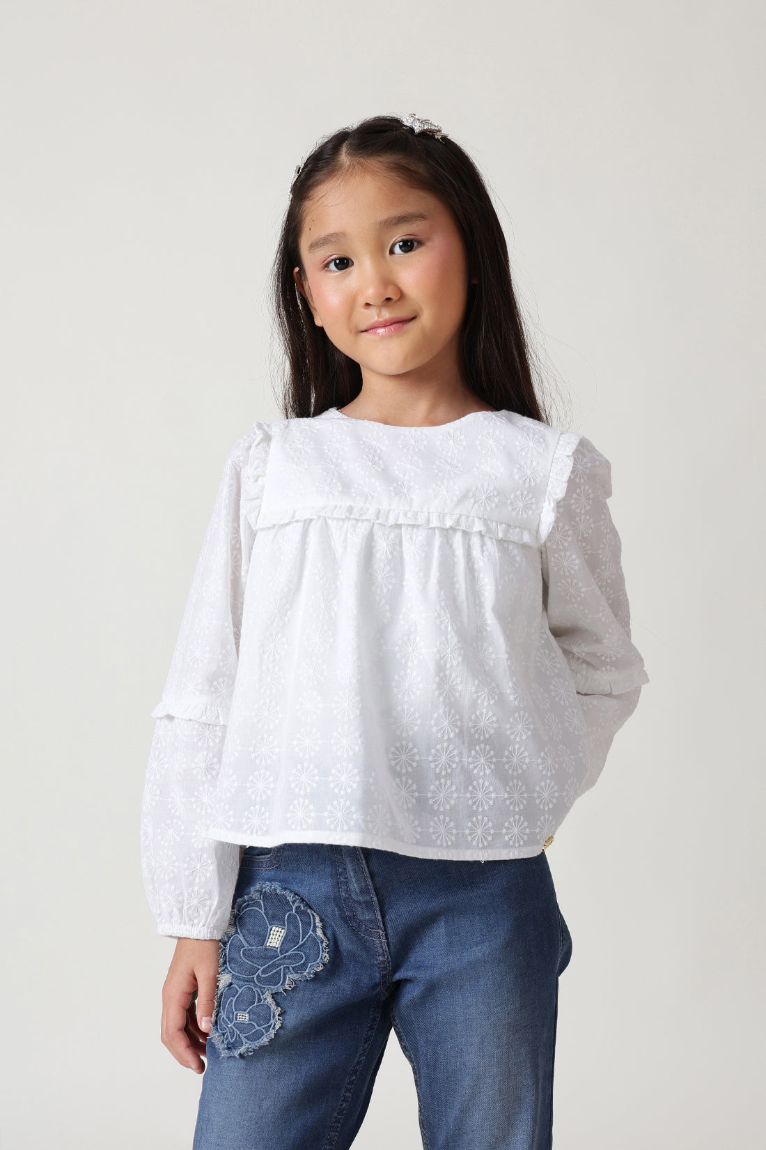 Girls White Regular Fit Full Sleeve Solid Tops By One Friday