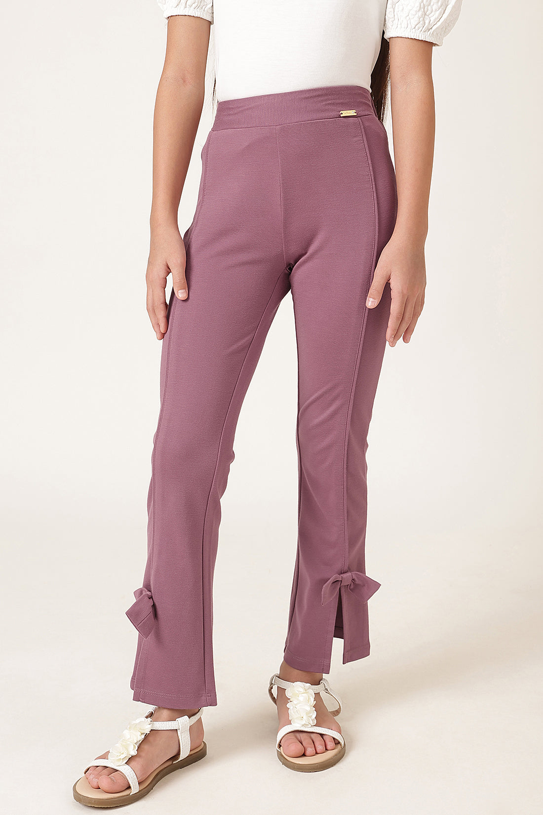 Girls Peach Solid Cotton Casual Jeggings