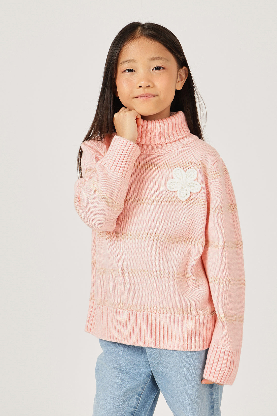Girls Pink High Neck Knit Sweater