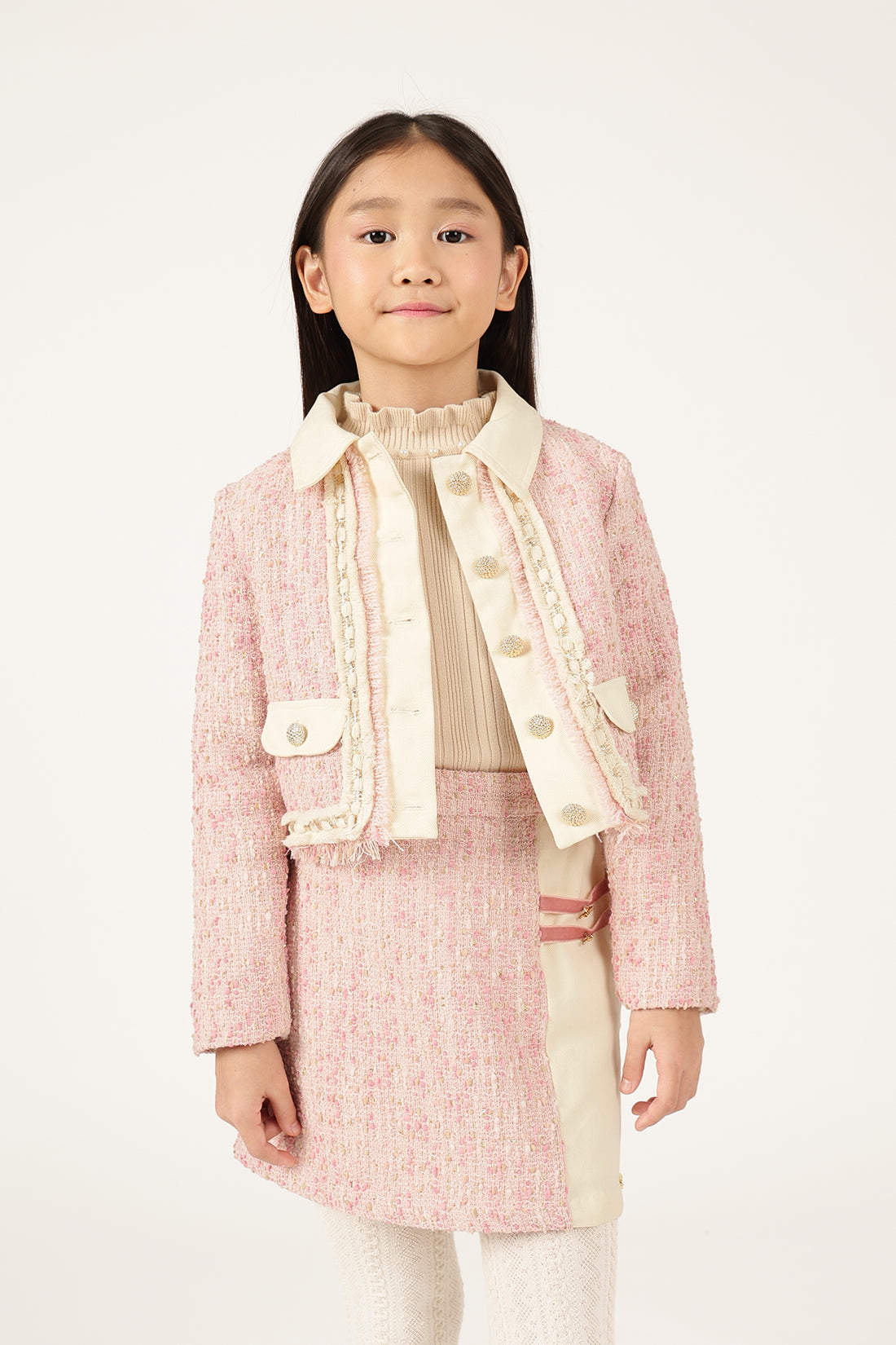 Girls Multicolour Bouclé Shirt Collar Jacket