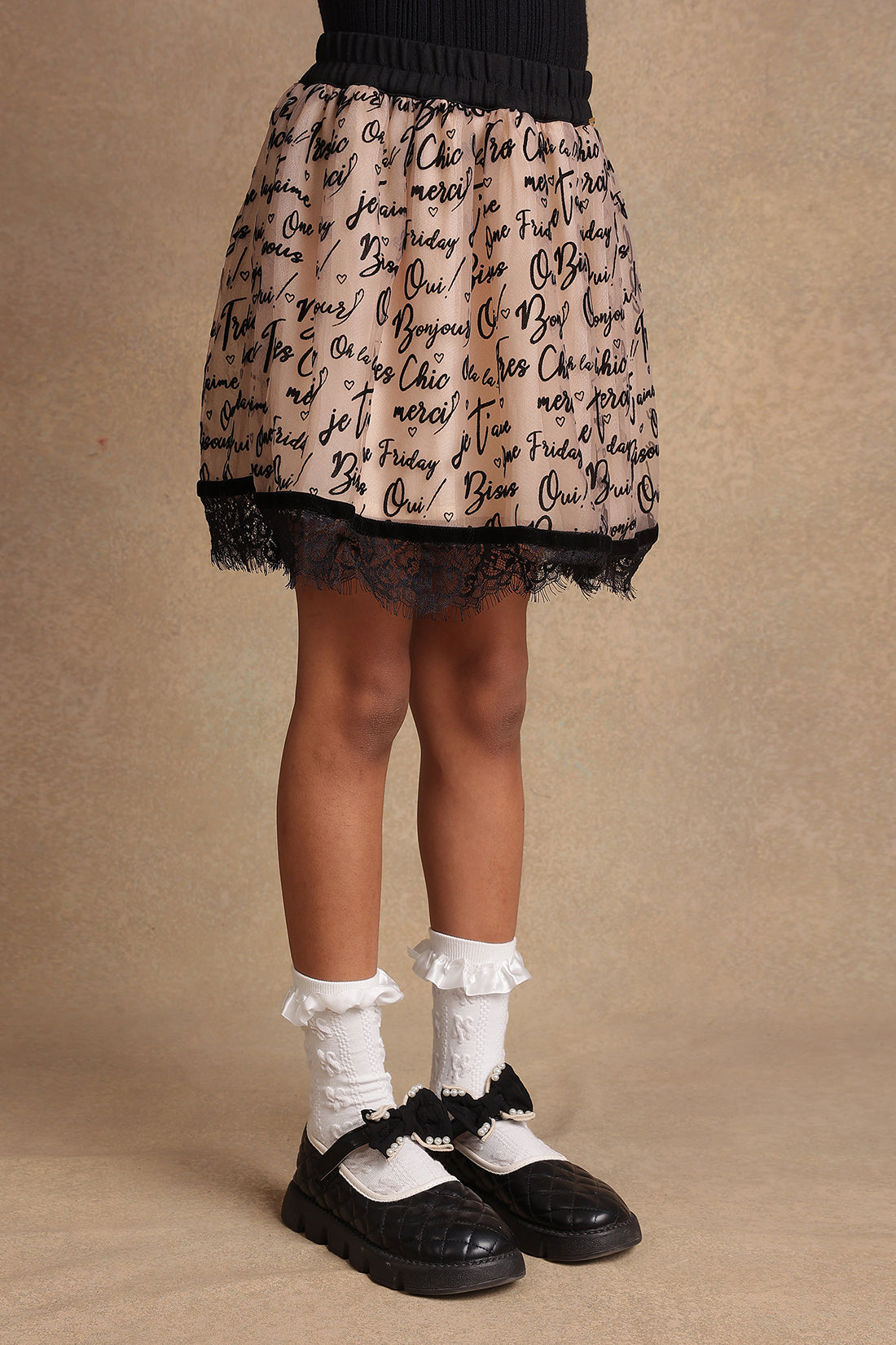 Girls Beige Text Print Skirt
