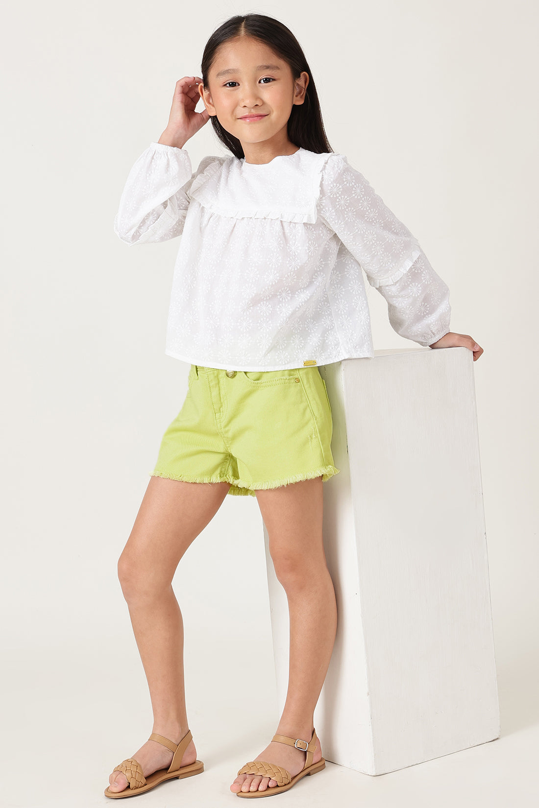 Girls Mint Green Regular Fit Solid Shorts by One Friday