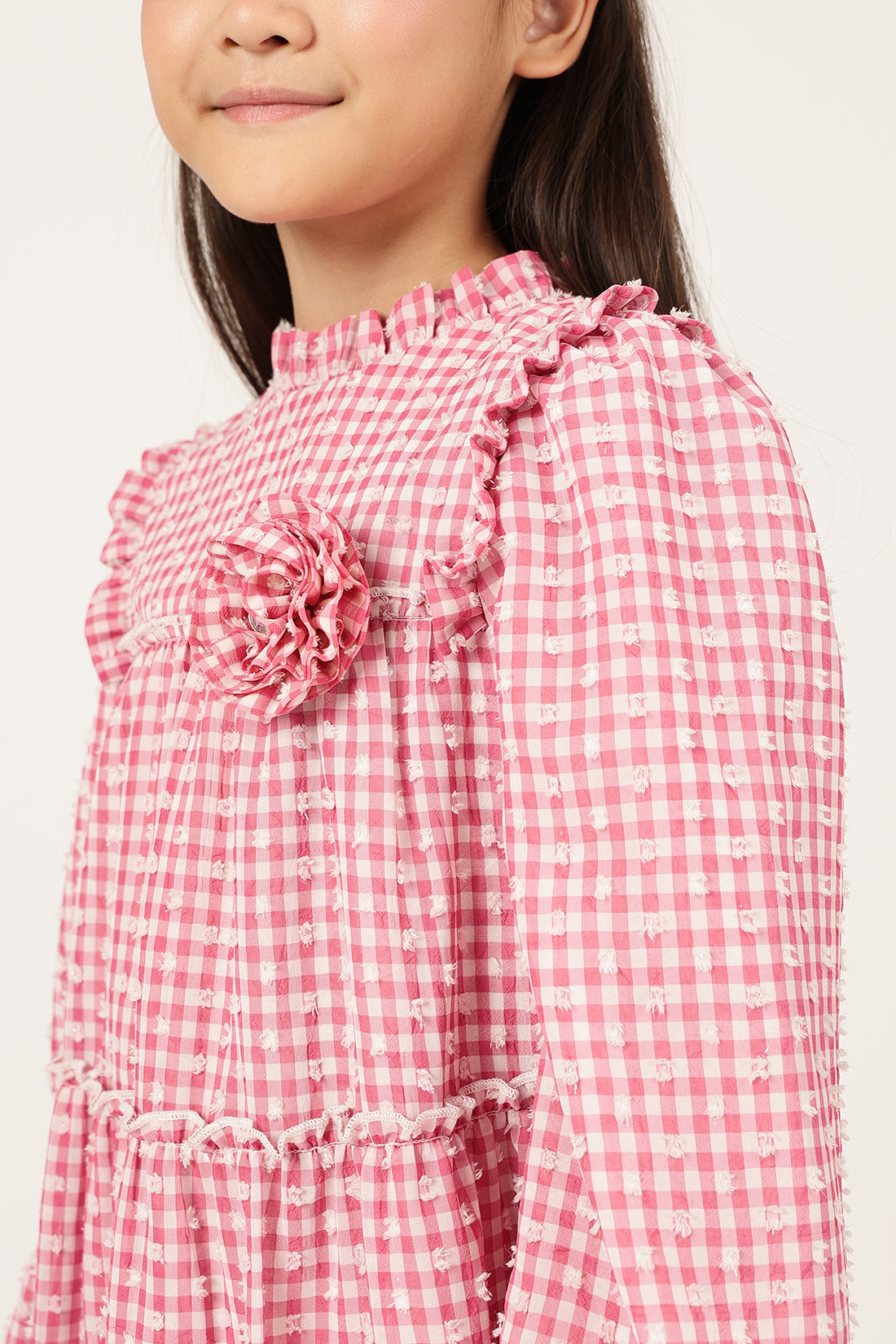 Girls Pink Printed Woven Dress Full Sleeves | One Friday