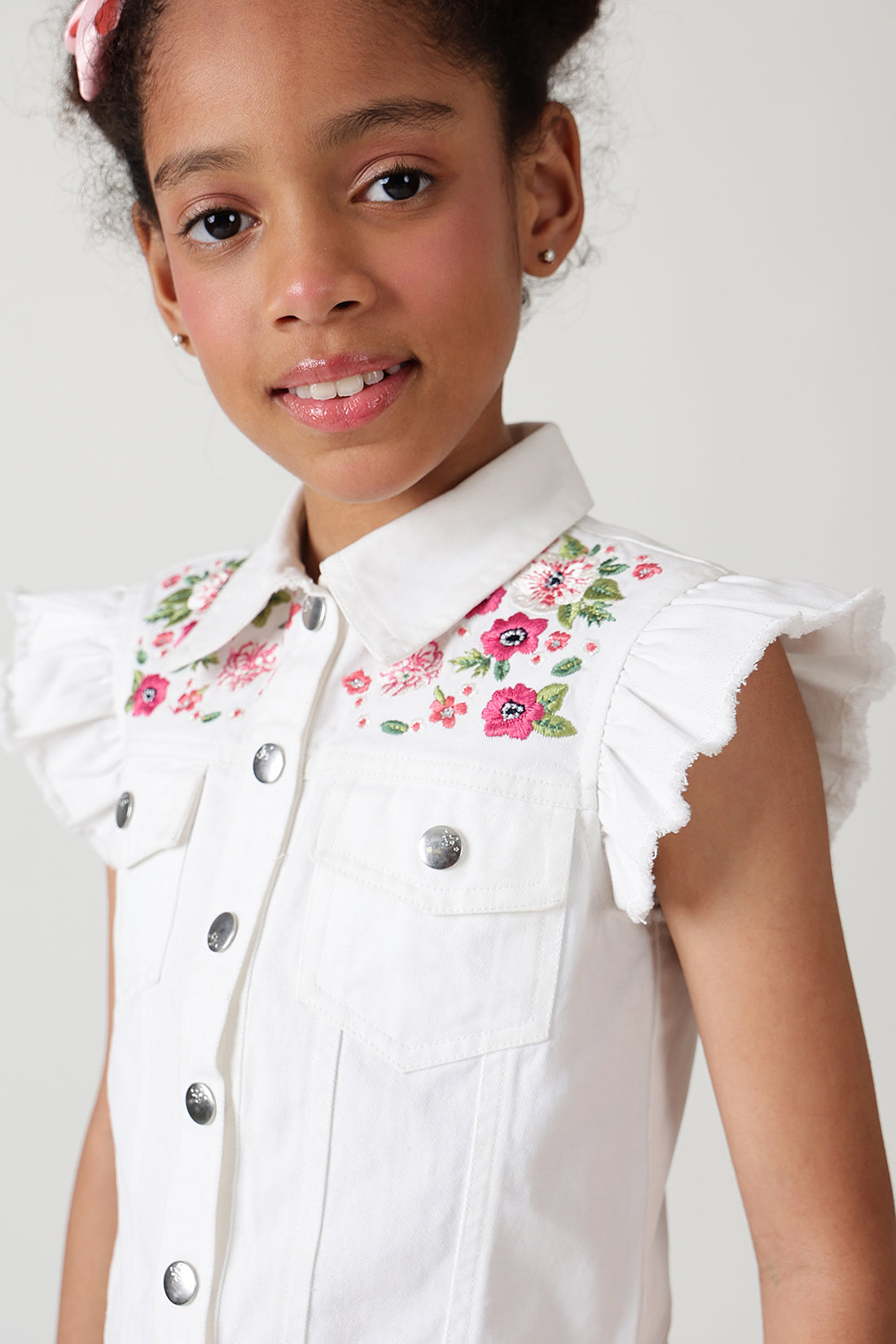 Girls White Regular Frill Sleeve Denim Jackets