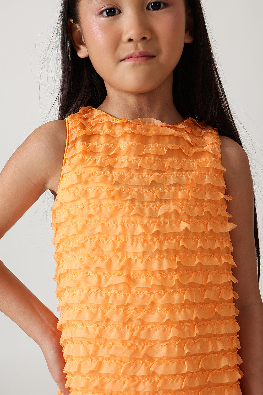 Girls Orange A-Line Sleeveless Solid Dress by One Friday